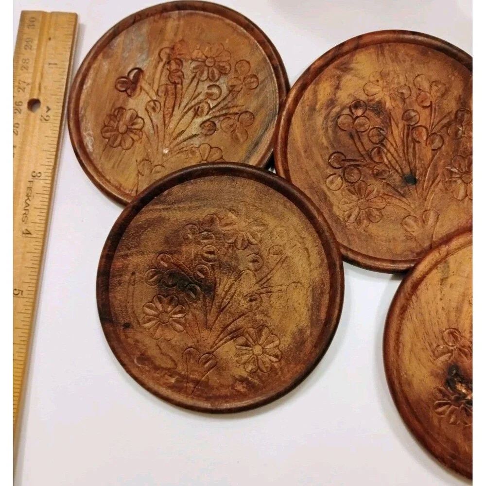Vintage Indian Carved Sheesham Wood Coaster Set of 6 Brass Inlay Floral Holder